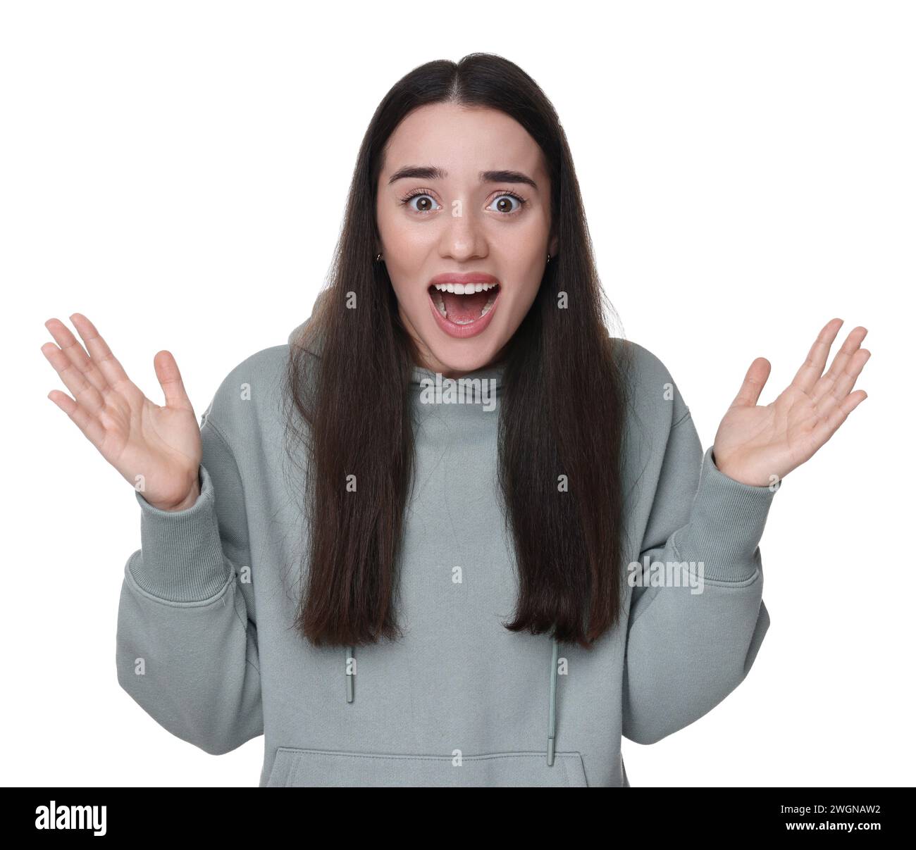 Portrait of surprised woman on white background Stock Photo - Alamy