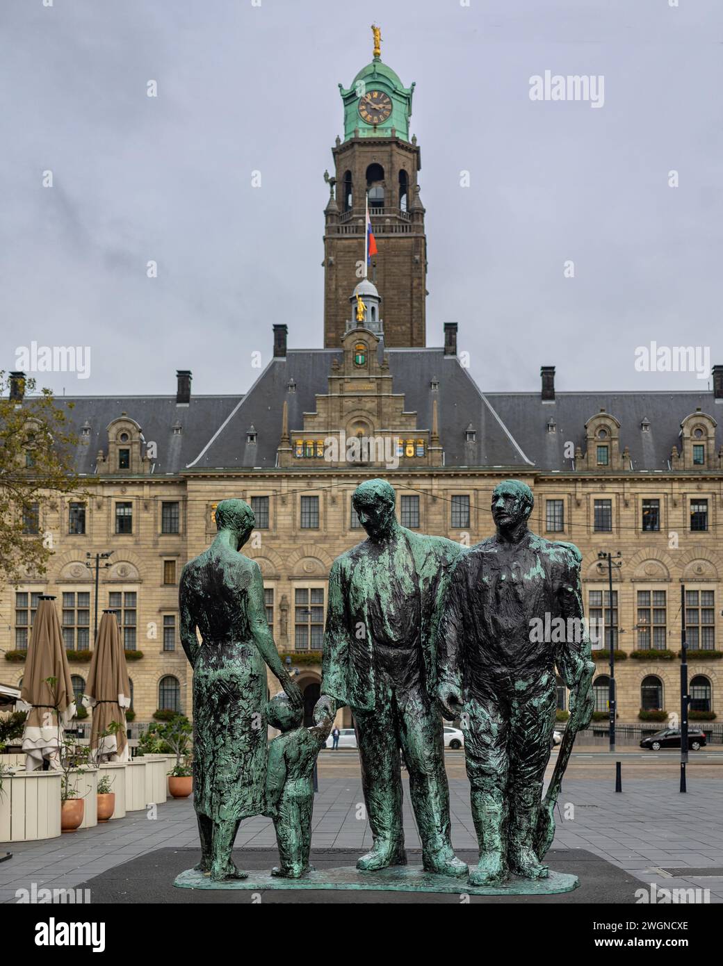 The town hall of Rotterdam with the world war 2 monument in the foreground, Rotterdam, the Netherlands Stock Photo