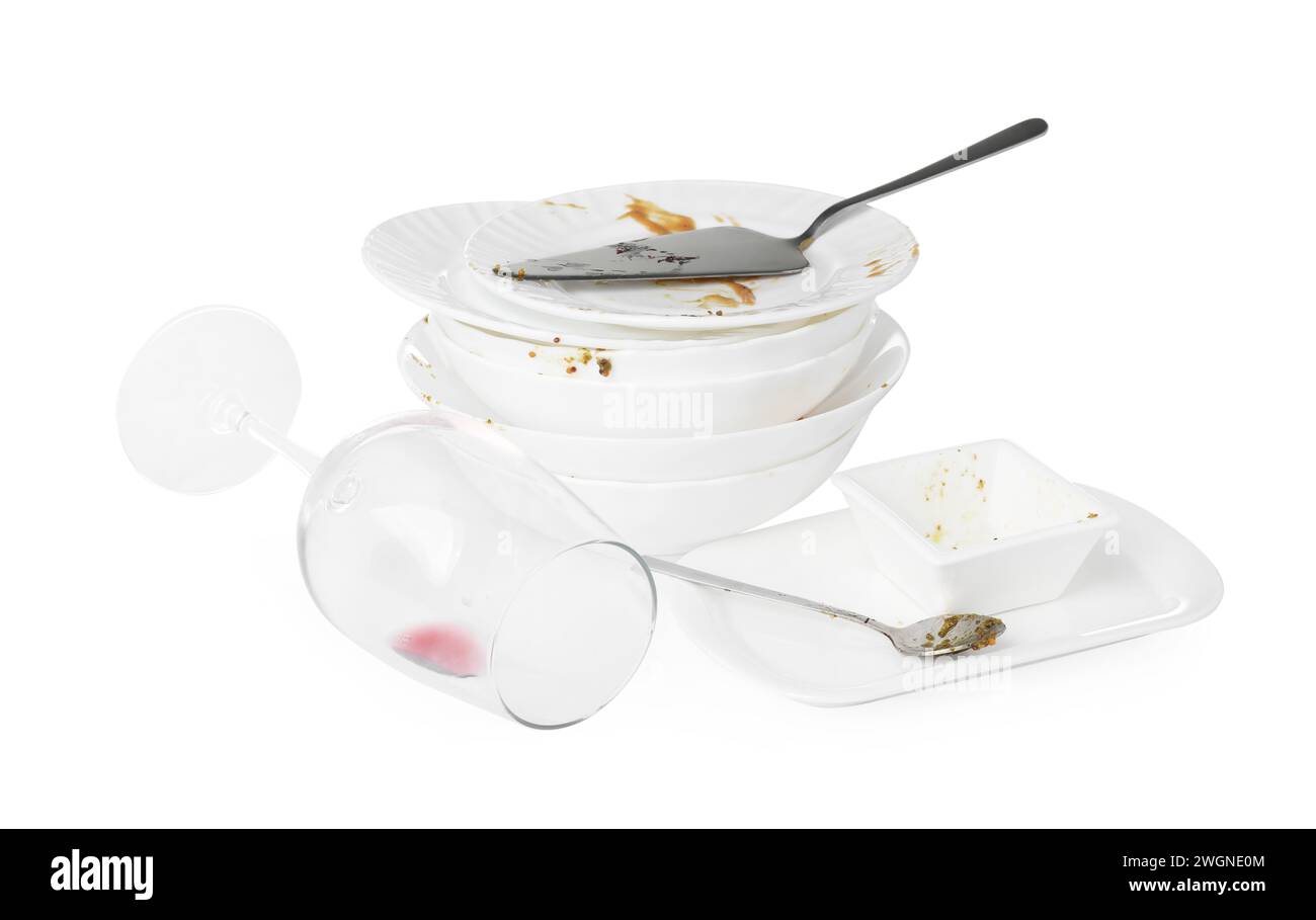 Set of dirty dishes isolated on white Stock Photo Alamy