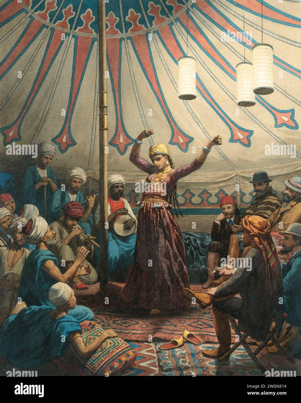 Egypt - Egyptian dancer in a tent, with musicians and spectators in 1868 Stock Photo