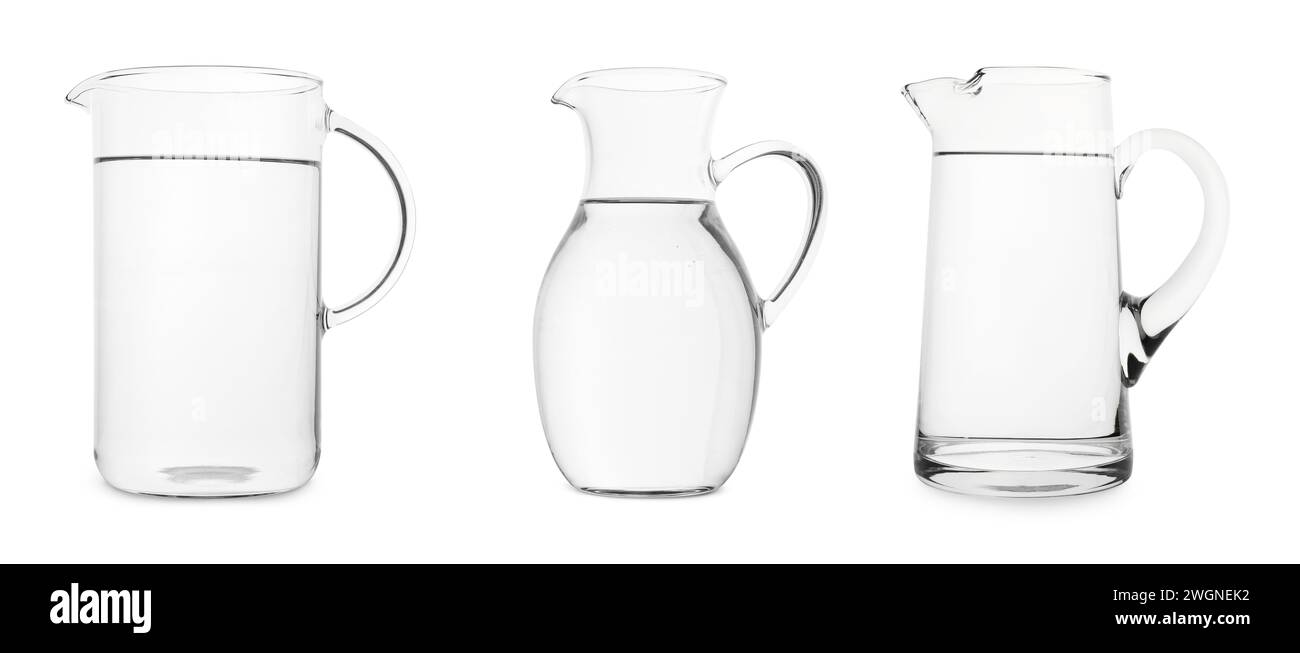 Glass jugs full of water isolated on white, collection Stock Photo Alamy
