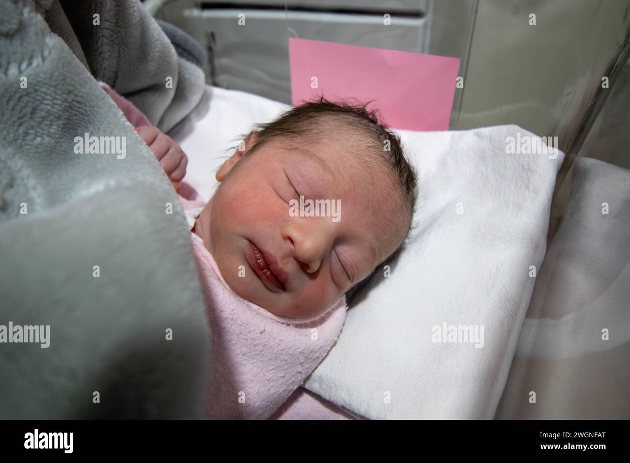 On her first day of life, a newborn baby girl wears a pink hospital ID
