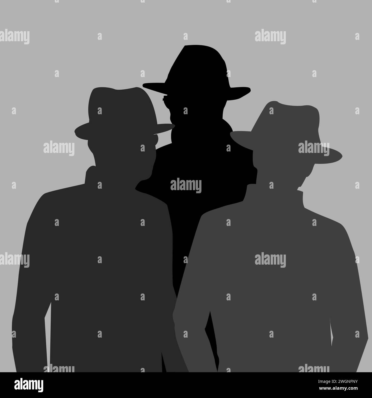 Security, Detective, Privacy concept with silhouettes of three men wearing hats Stock Vector