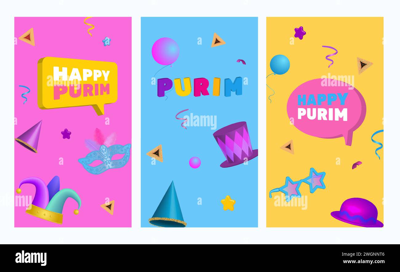 Happy Purim, Jewish holiday celebration Greeting Cards. Masquerade Carnival masks, hats, 3d elements on colorful background Vector illustration. Stock Vector