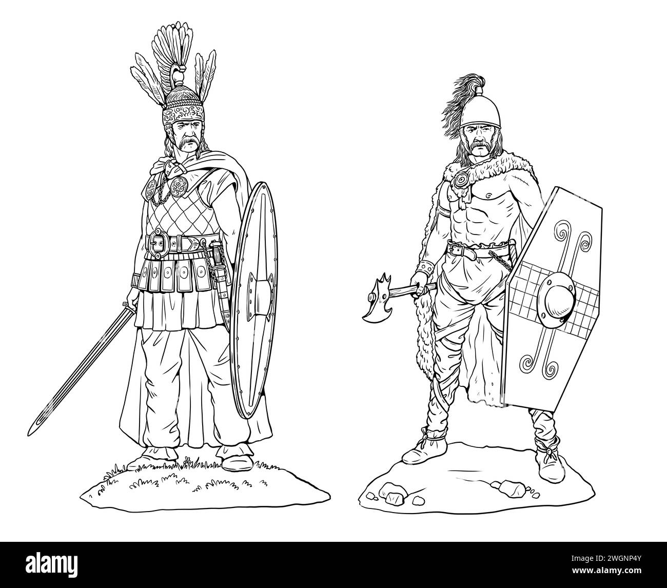 Gallic and celtic warriors. Ancient soldiers drawing. Stock Photo