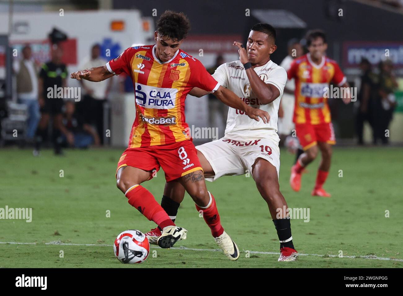 Diego Soto of Atletico Grau and Edison Flores of Universitario de Deportes during the Torneo Apertura Liga 1 Apuesta Total 2024 match between Universitario de Deportes and Atletico Grau played at Monumental Stadium on February 4, 2024 in Lima, Peru. (Photo by Miguel Marrufo / PRESSINPHOTO) Stock Photo