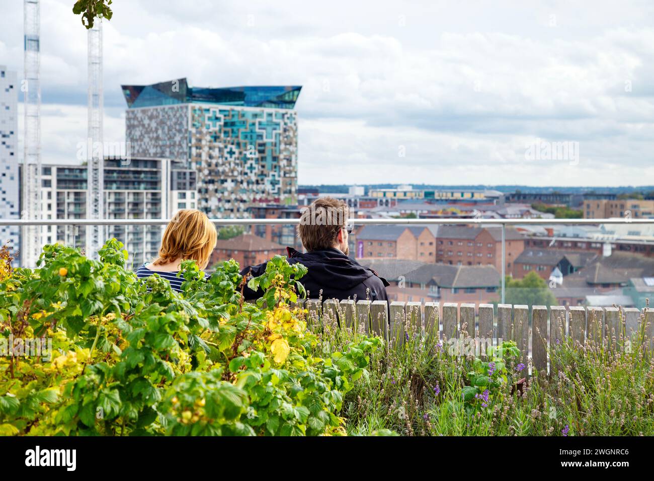 People looking at views of the city from the Birmingham Library rooftop garden, Birmingham, West Midlands, England Stock Photo