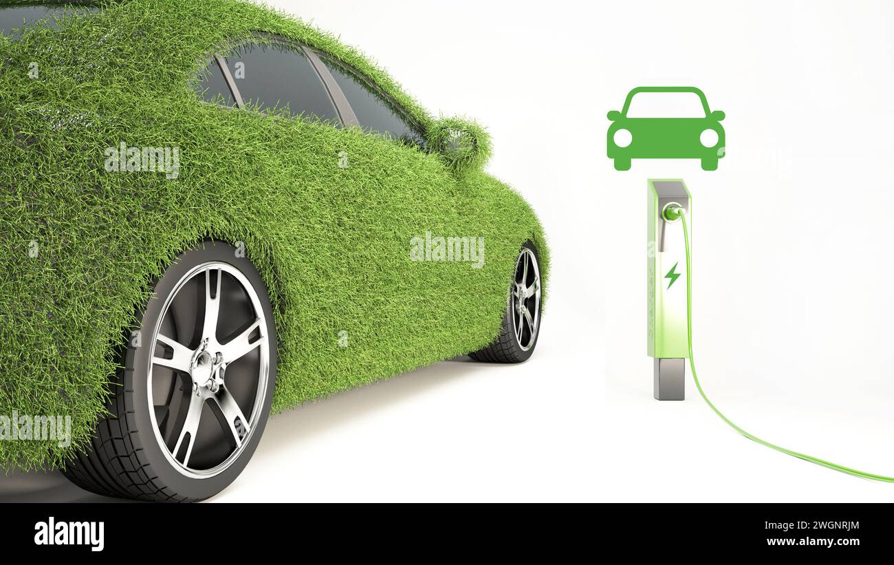 Eco friendly car concept with electric vehicle charging station, EV car covered with realistic grass isolated on white, green parking, clean energy, s Stock Photo