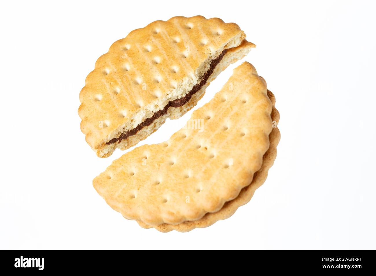 Sandwich Biscuit With Cocoa Cream Filling snapped in two Stock Photo