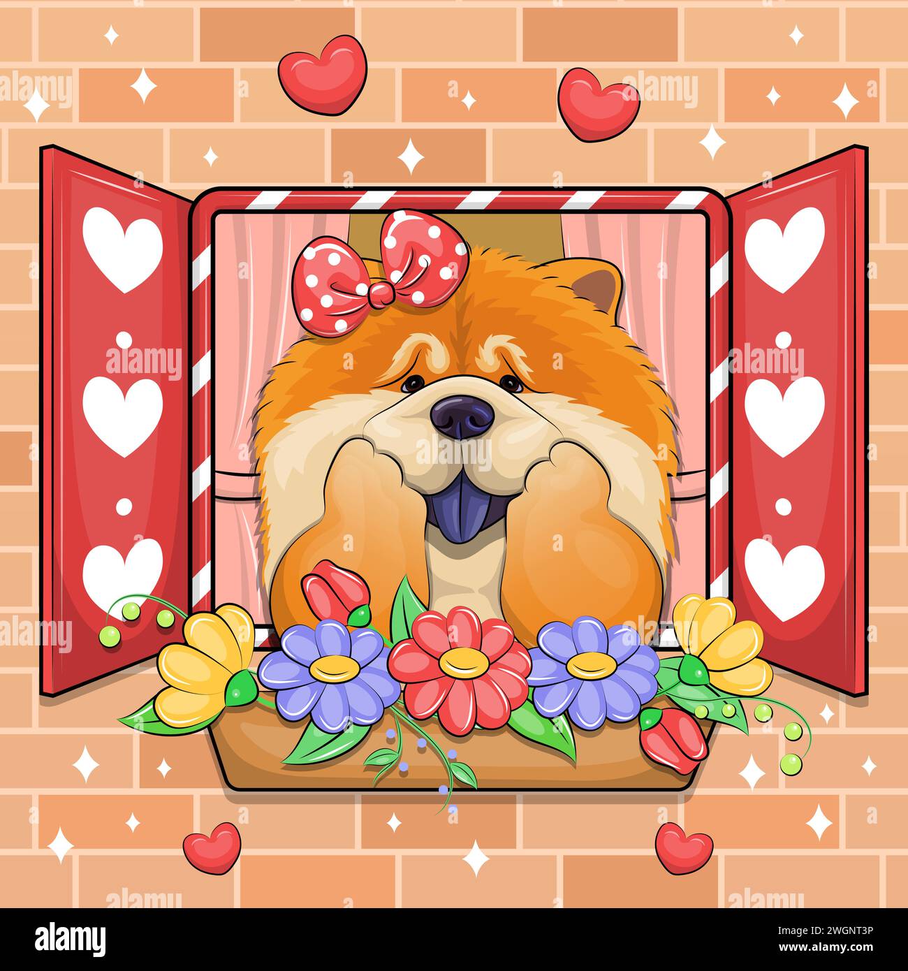 Cute cartoon chow chow dog looks out the window. Vector illustration of an animal with a flower pot, hearts and a window on a brick wall. Stock Vector