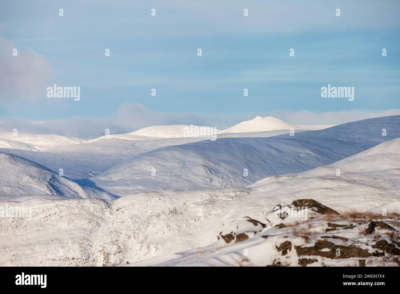 A winter wonderland in Glenshee with the distinctive pointed summit of Carn Bhinnein Stock Photo