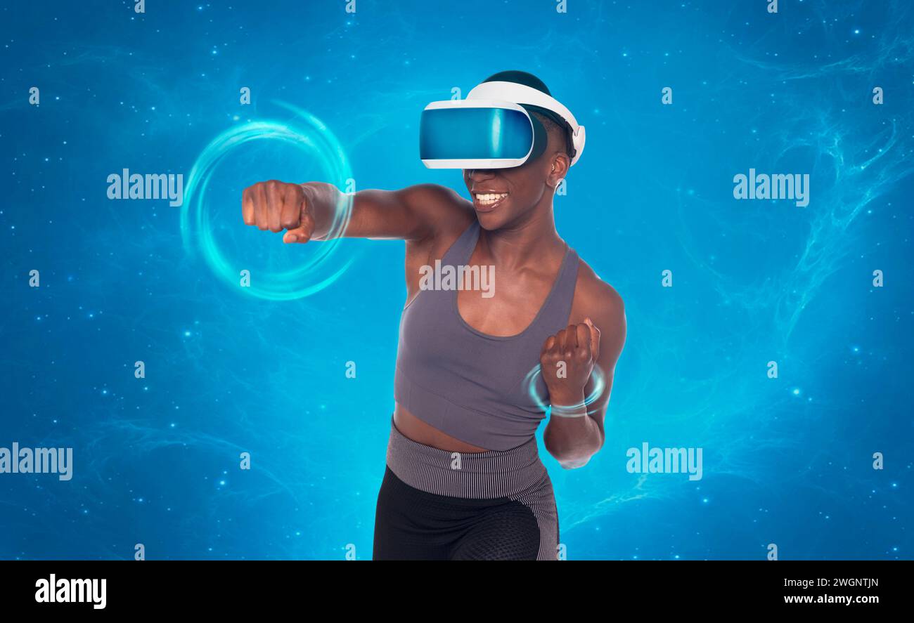 Strong African American female in modern VR headset fighting and boxing