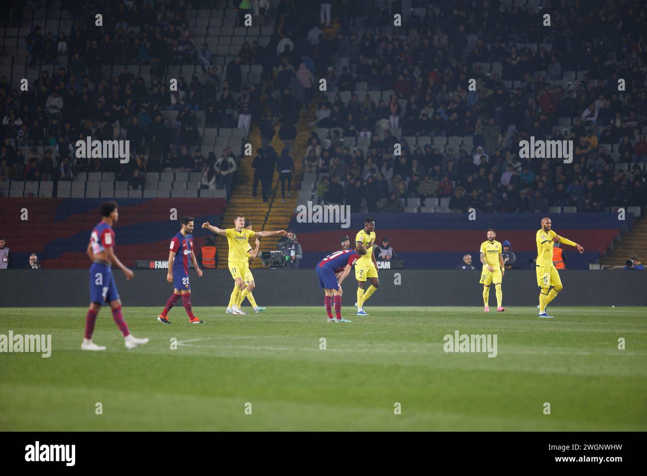 Barcelona, Spain. 27th Jan, 2024. Villarreal players celebrate the victory at the LaLiga EA Sports match between FC Barcelona and Villarreal CF at the Stock Photo