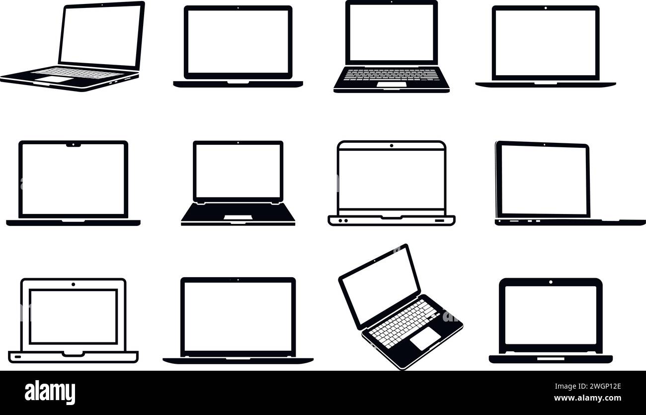 Laptop icons set. Laptop computers in different styles. Notebook flat