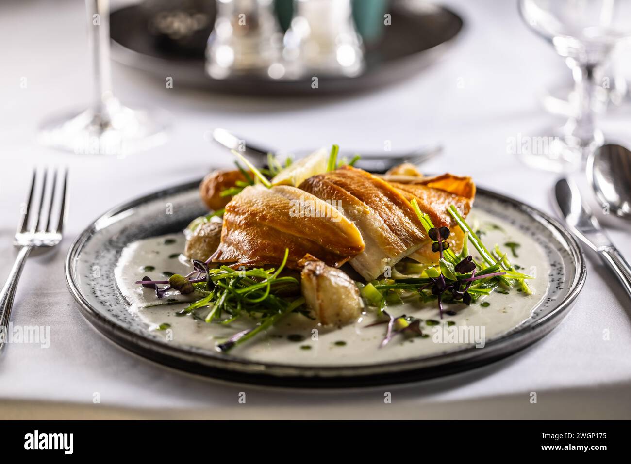 Lightly smoked trout fillet, baked potatoes, beurre blanc sauce, leek and lime dressing. Creatively served fish on a plate in restaurant. Stock Photo