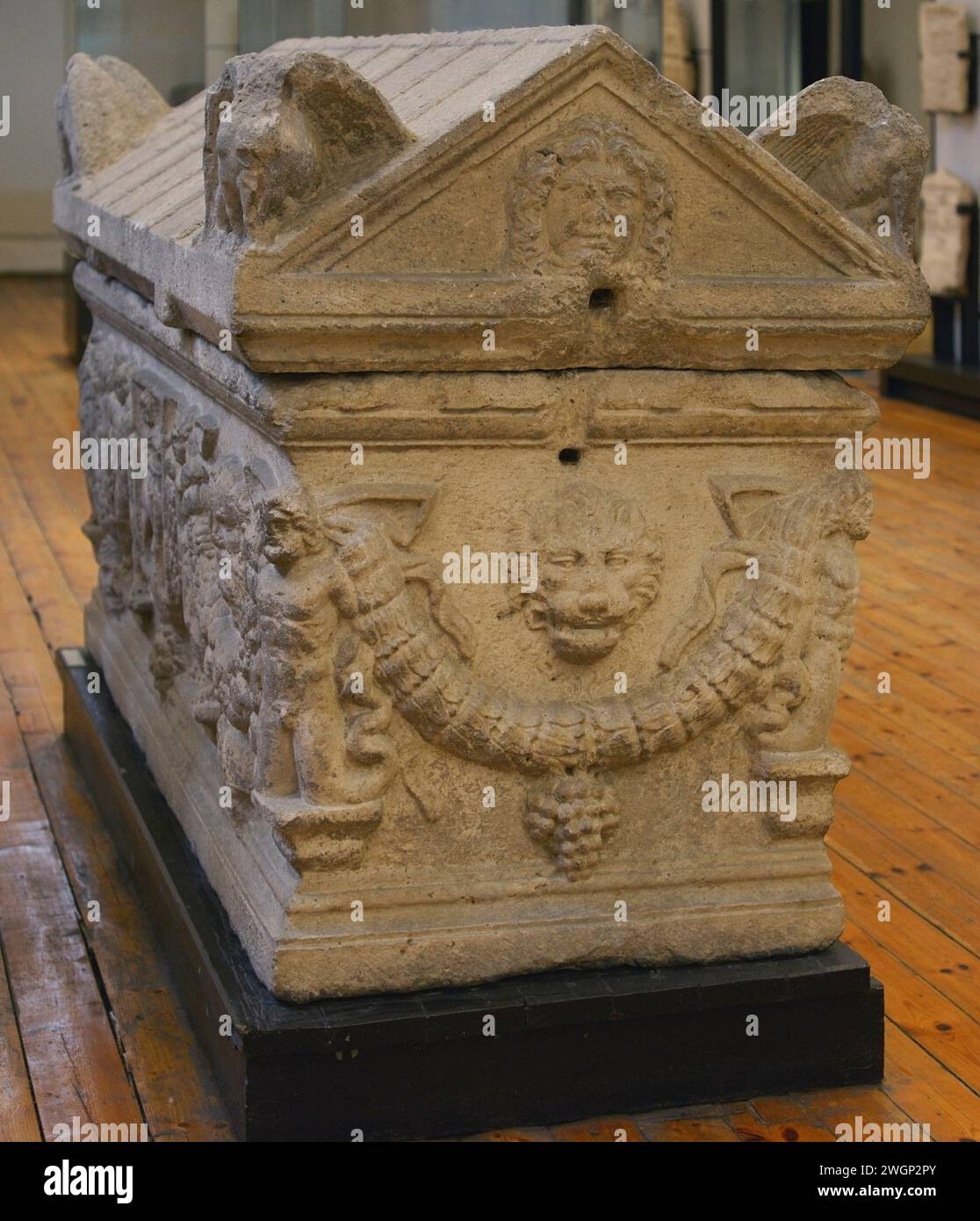 Sarcophagus decorated with reliefs. 2nd century AD. From Archar (Ratiaria), Vidin province, Bulgaria. National Archaeological Museum. Sofia. Bulgaria. Stock Photo