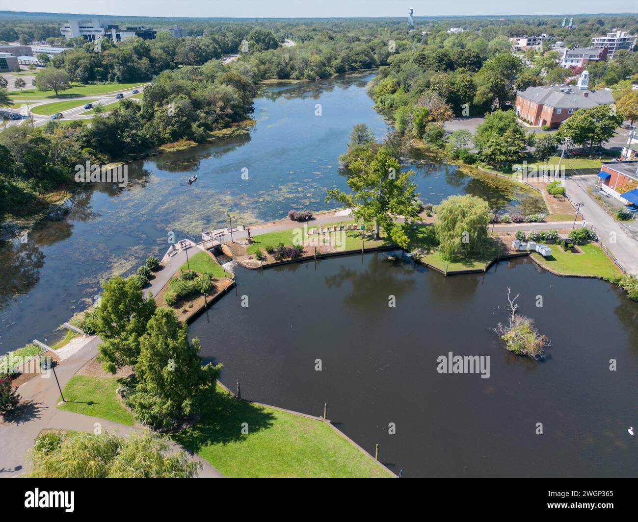 Aerial overhead view of the town of Riverhead New York located in