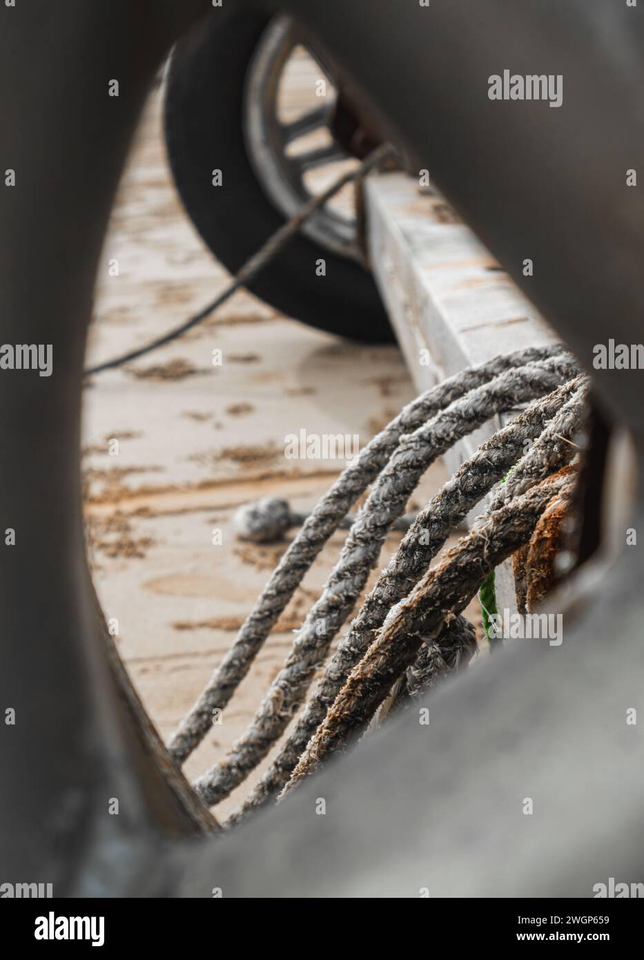 close up of stack ropes on the beach Stock Photo