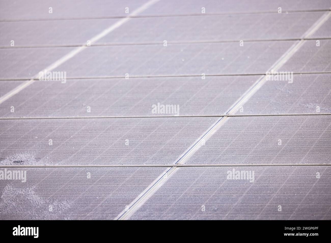 Individual iced solar panels of a PV system for the energy crisis exposed in sunlight in winter Stock Photo