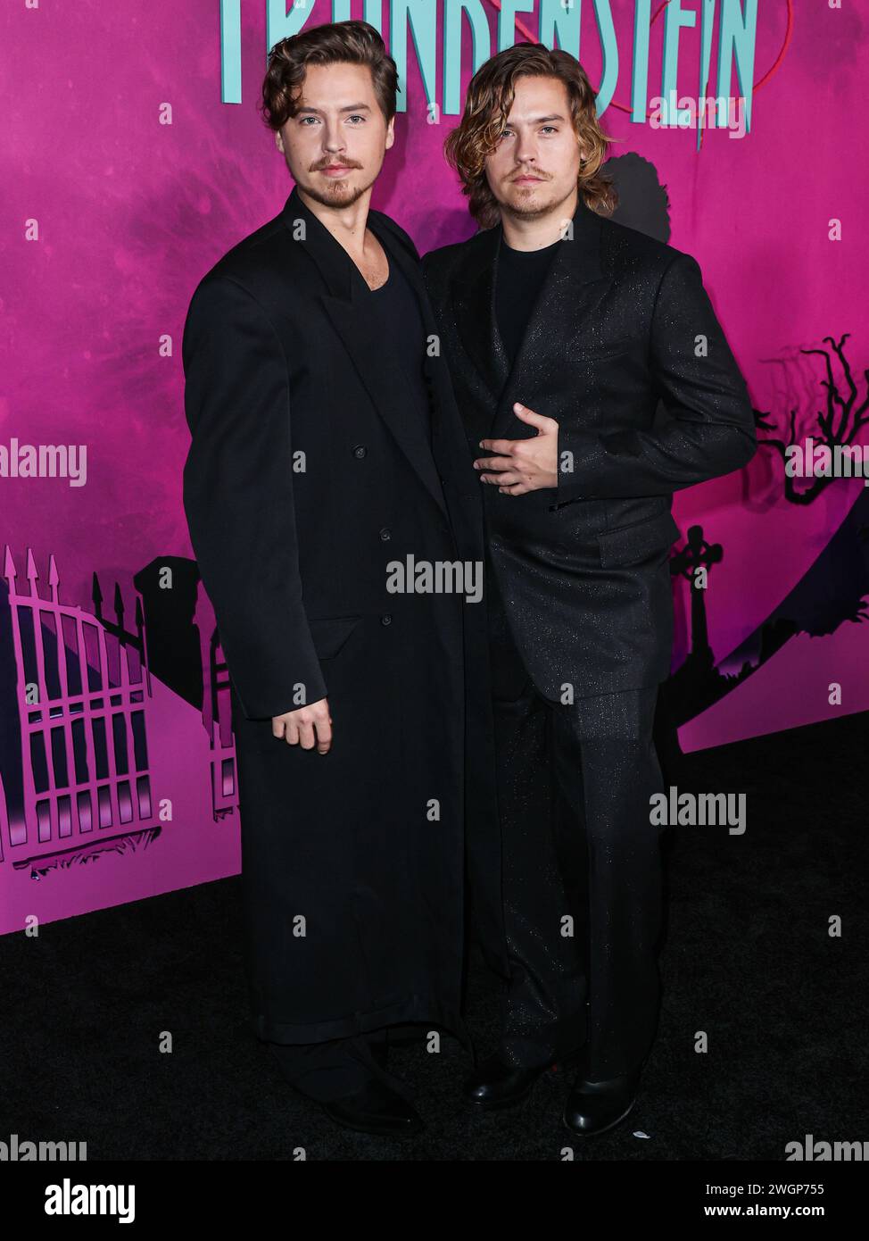 HOLLYWOOD, LOS ANGELES, CALIFORNIA, USA - FEBRUARY 05: Cole Sprouse and brother Dylan Sprouse arrive at the Los Angeles Special Screening Of Focus Features' 'Lisa Frankenstein' held at the Hollywood Athletic Club on February 5, 2024 in Hollywood, Los Angeles, California, United States. (Photo by Xavier Collin/Image Press Agency) Stock Photo
