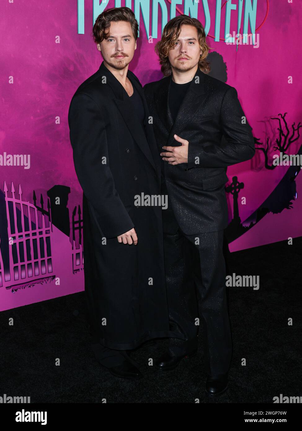 HOLLYWOOD, LOS ANGELES, CALIFORNIA, USA - FEBRUARY 05: Cole Sprouse and brother Dylan Sprouse arrive at the Los Angeles Special Screening Of Focus Features' 'Lisa Frankenstein' held at the Hollywood Athletic Club on February 5, 2024 in Hollywood, Los Angeles, California, United States. (Photo by Xavier Collin/Image Press Agency) Stock Photo