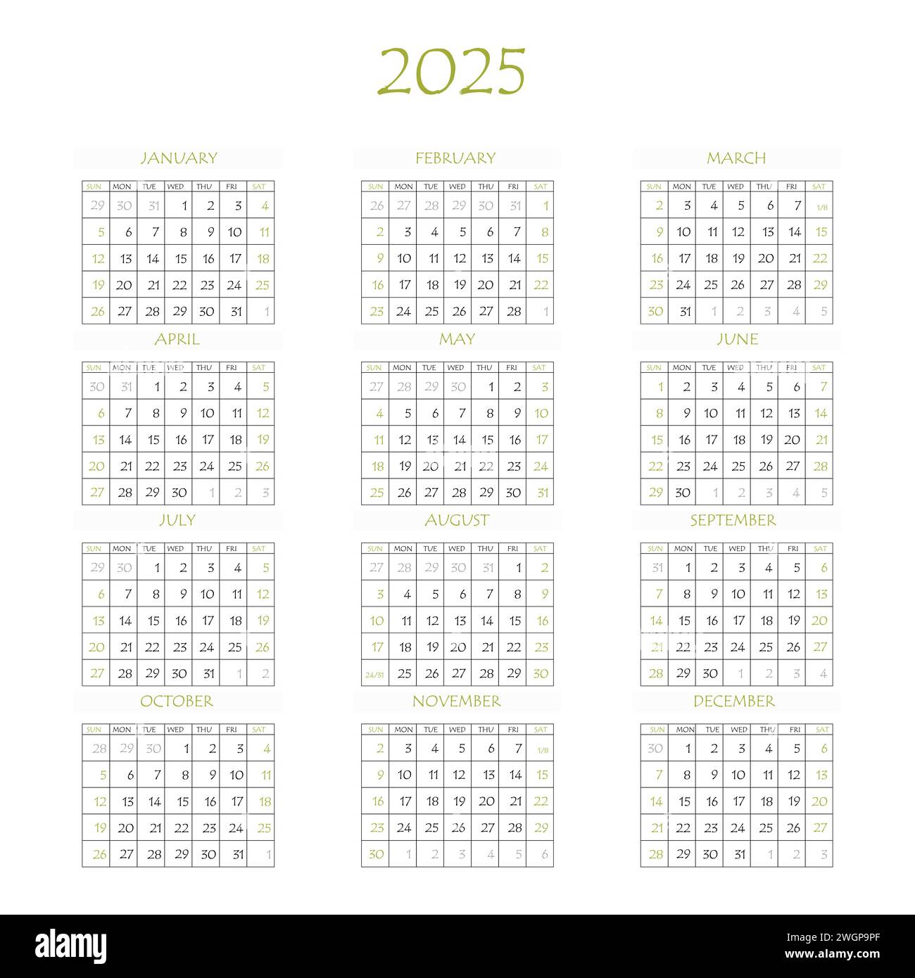 2025 calendar planner. Corporate week. Template layout, 12 months