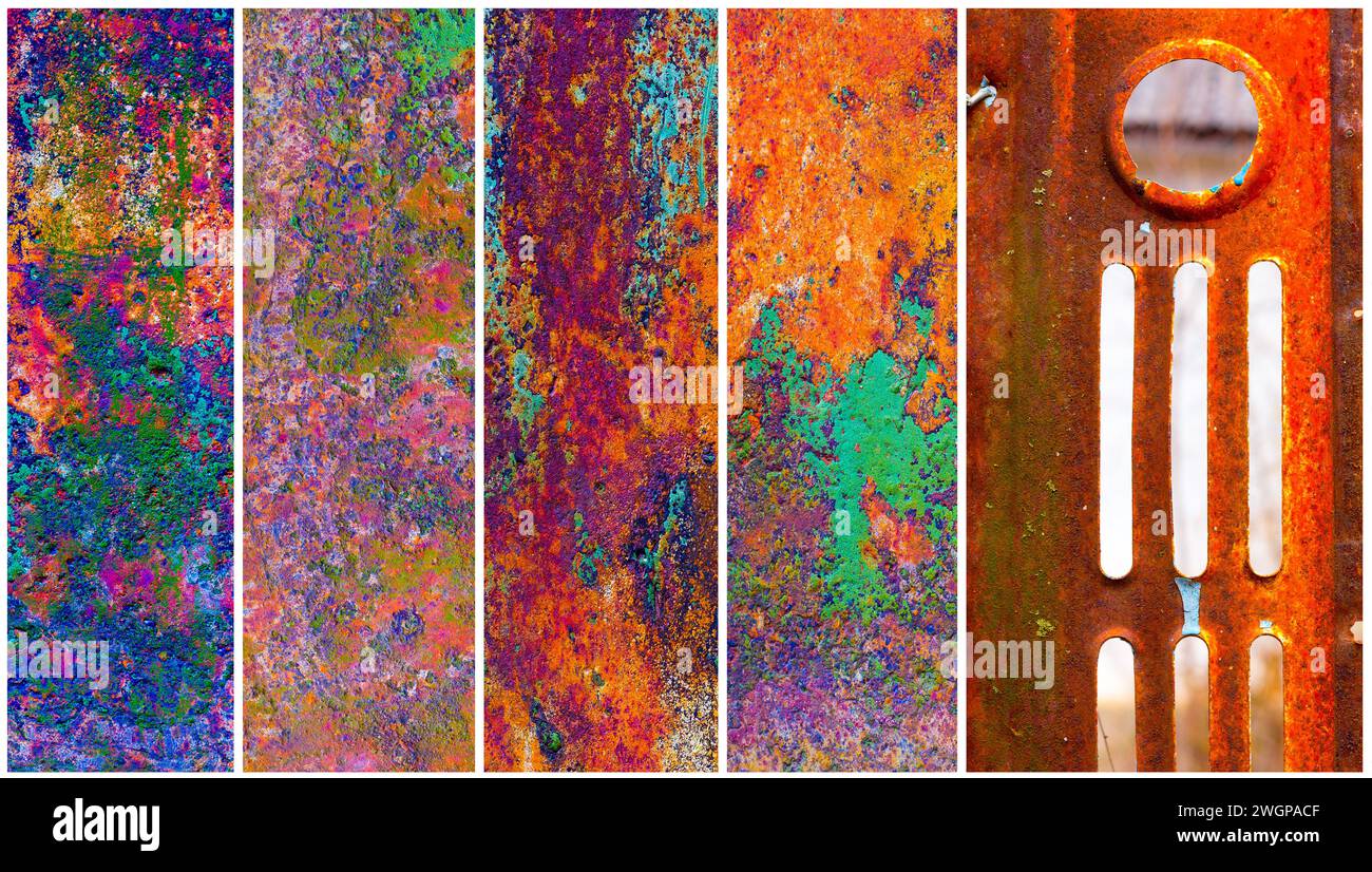 colorful collage of old rusty metal surfaces with the remnants of