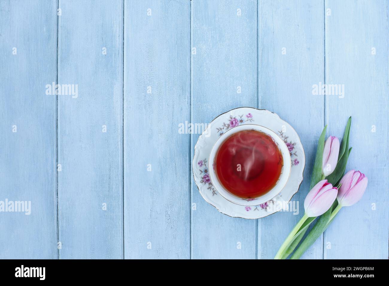 Steaming hot cup of tea and pink spring tulip flowers over a rustic blue wooden table. Table top view. Directly above. Stock Photo