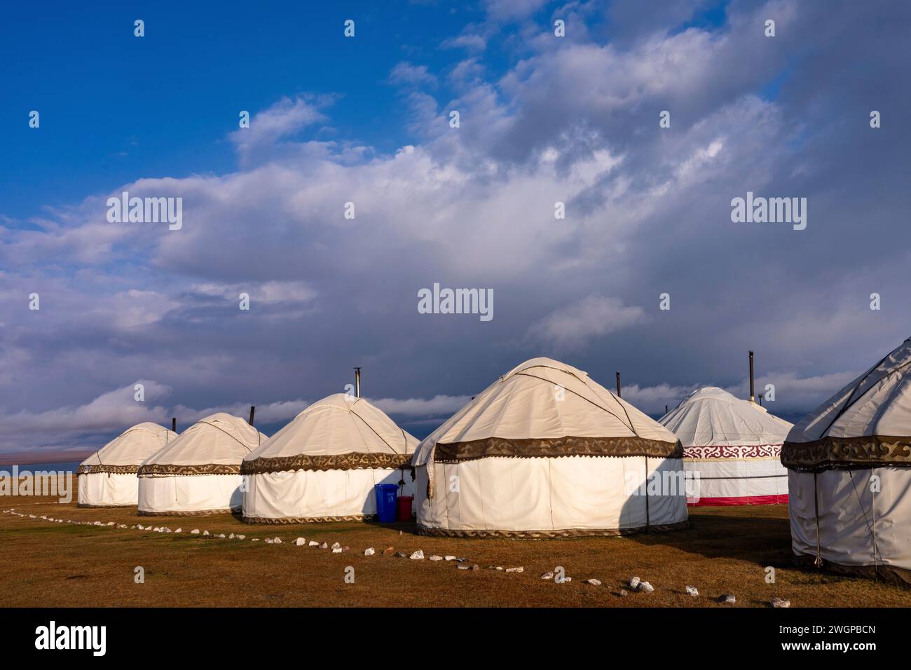 Yurts camp Kyrgyz steppe, Kyrgyzstan Stock Photo