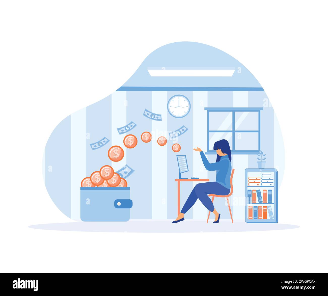Woman getting paid from online work. Female person relaxing in chair with computer paying money in her wallet. flat vector modern illustration Stock Vector