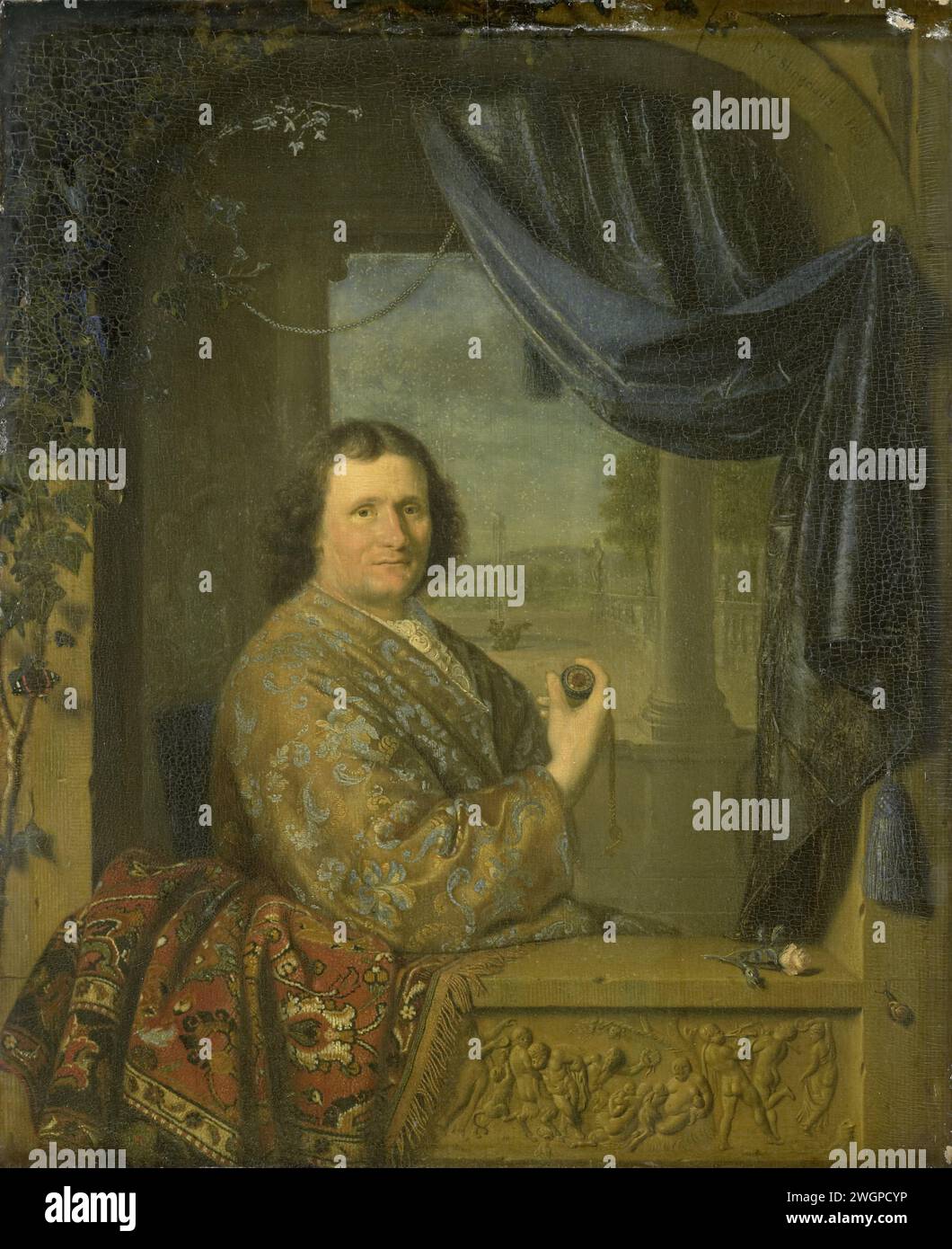 Portrait of a man with a watch, Pieter Cornelisz. Van Slingelandt, 1688 painting Portrait of a man with a watch in his hand, sitting in a stone window. Under the windowsill a relief with a bacchanal. On the windowsill on the left a Persian dress, on the right a rose. In the background through a colonnade a face on a garden with fountain.  panel. oil paint (paint)  anonymous historical person portrayed. watch. human figure at (open) window, seen from outside Stock Photo