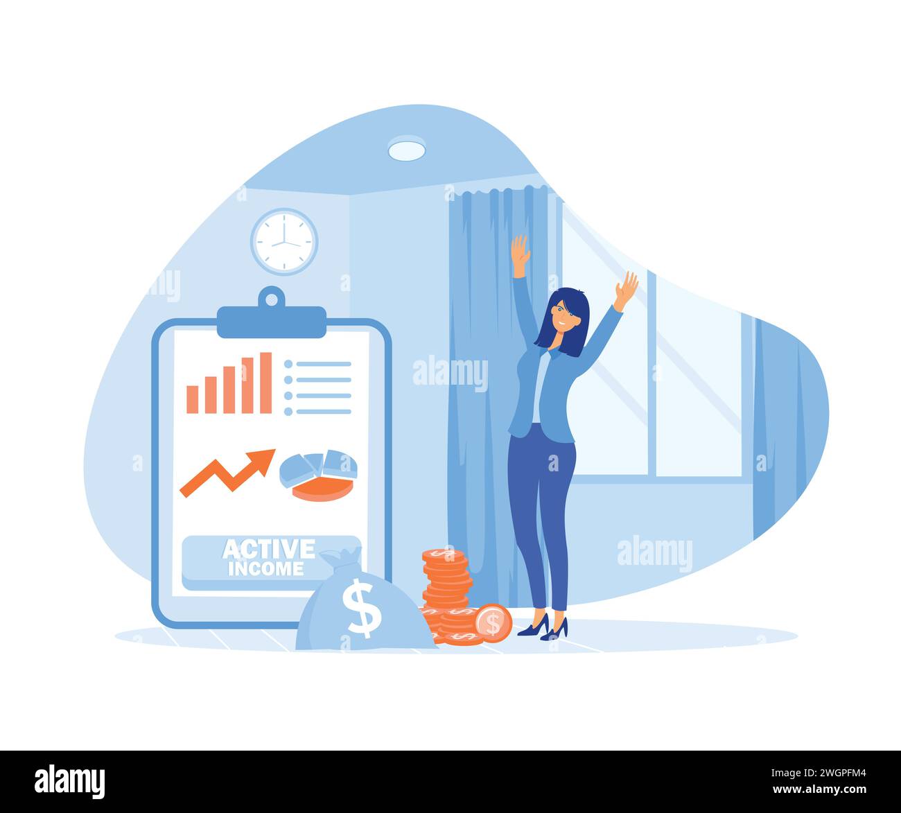 Businesswoman works, earns salary. Idea of financial growth, business development, wages. flat vector modern illustration Stock Vector