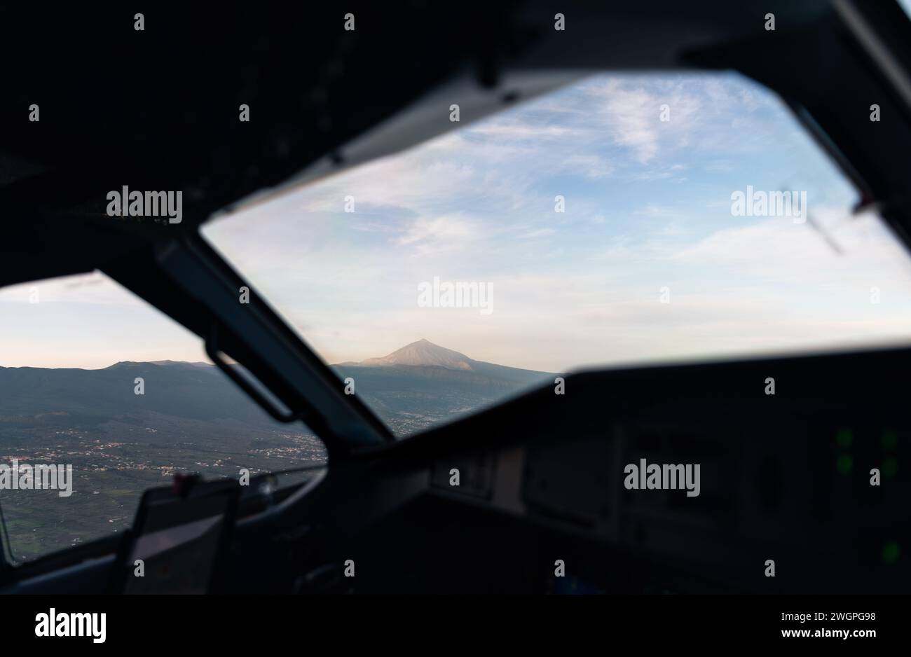 Cockpit view of an airplane at take off in Tenerife Stock Photo