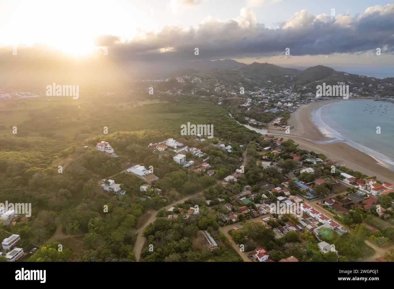San Juan Del Sur beach shore aerial drone view in sunrise light Stock Photo