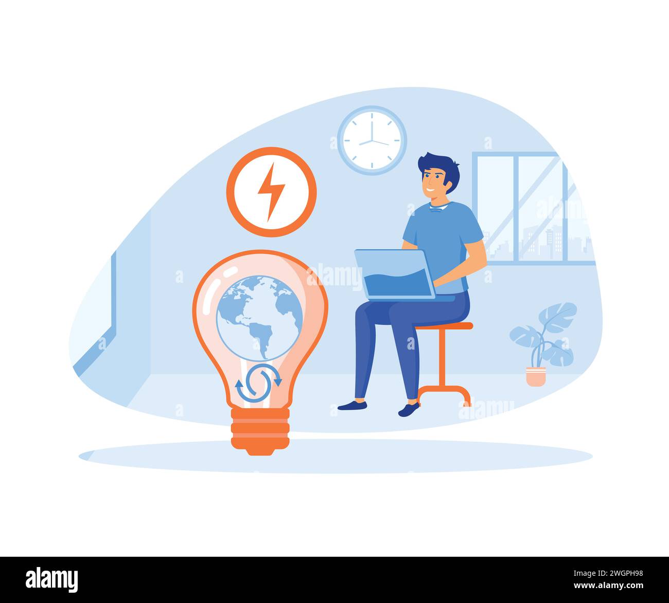 Circular economy concept Sustainable economic growth. man with laptop analyzing human needs. Preserving natural resources and the environment for futu Stock Vector