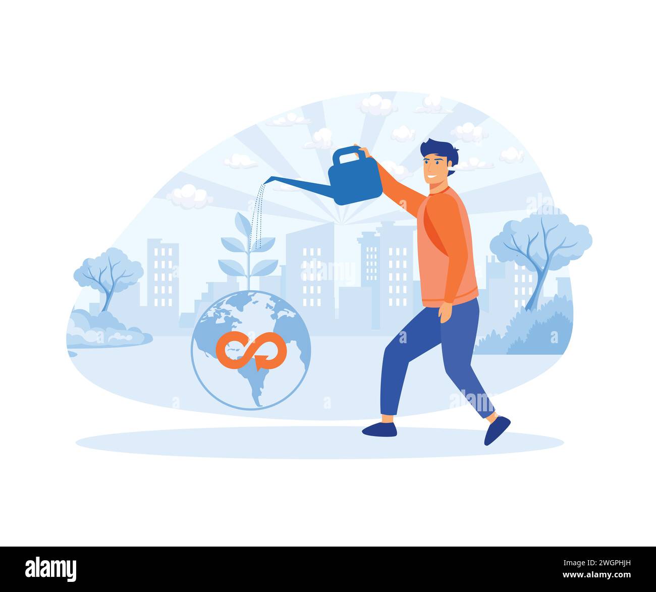 Circular economy concept. Man watering plants. Reduce carbon dioxide emissions and climate impacts. flat vector modern illustration Stock Vector