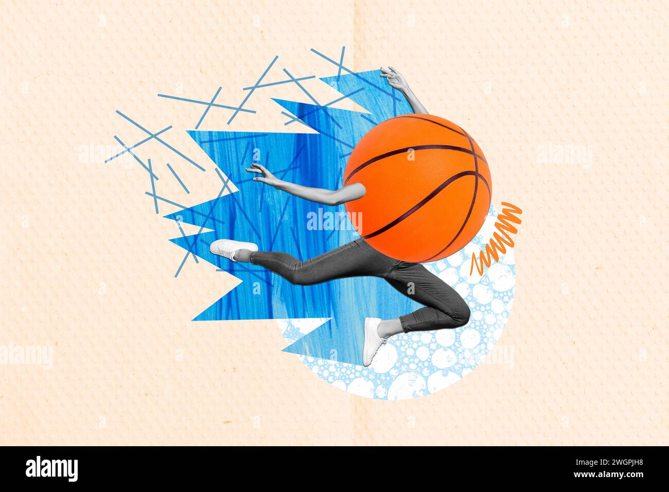 Collage picture image of weird person basketball player with ball head