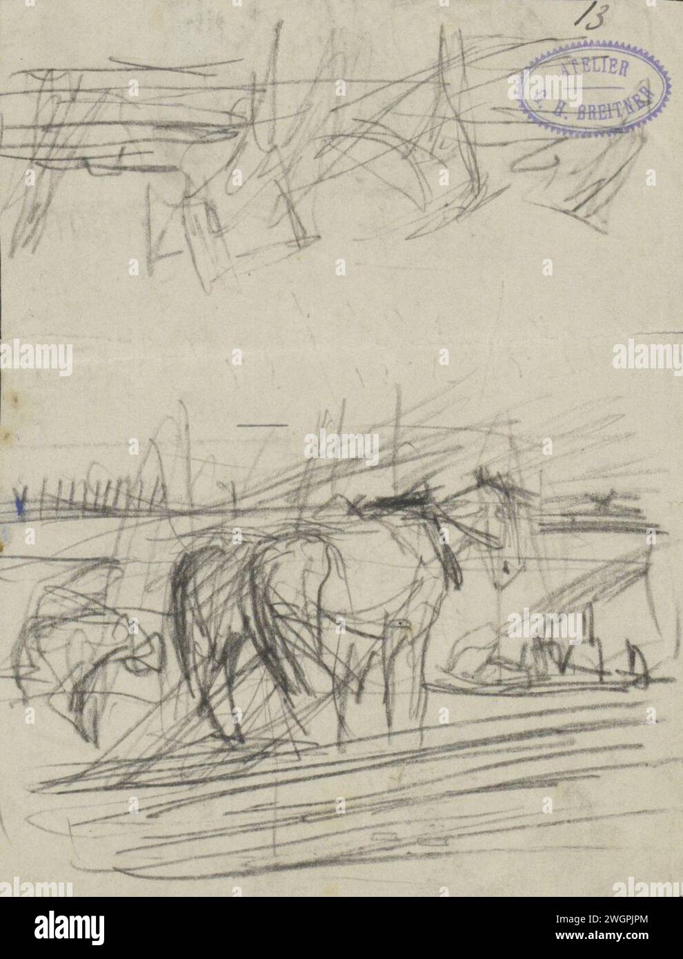 Stoop Drawing Team horses, possibly on the water, 1886 - 1923 drawing A woman stoops ...
