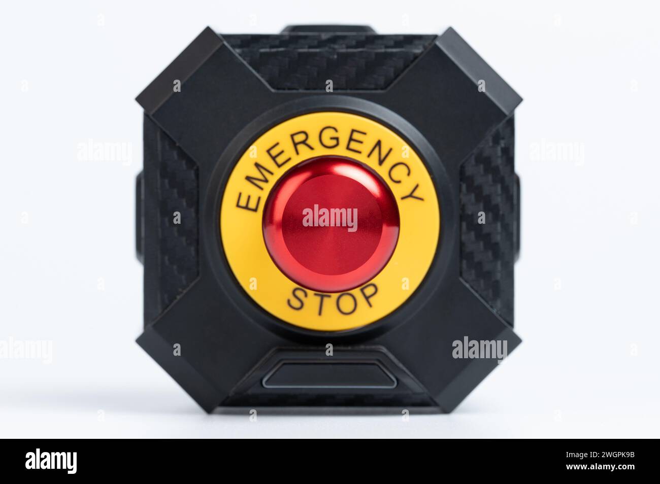 Red emergency stop button isolated close up view Stock Photo - Alamy