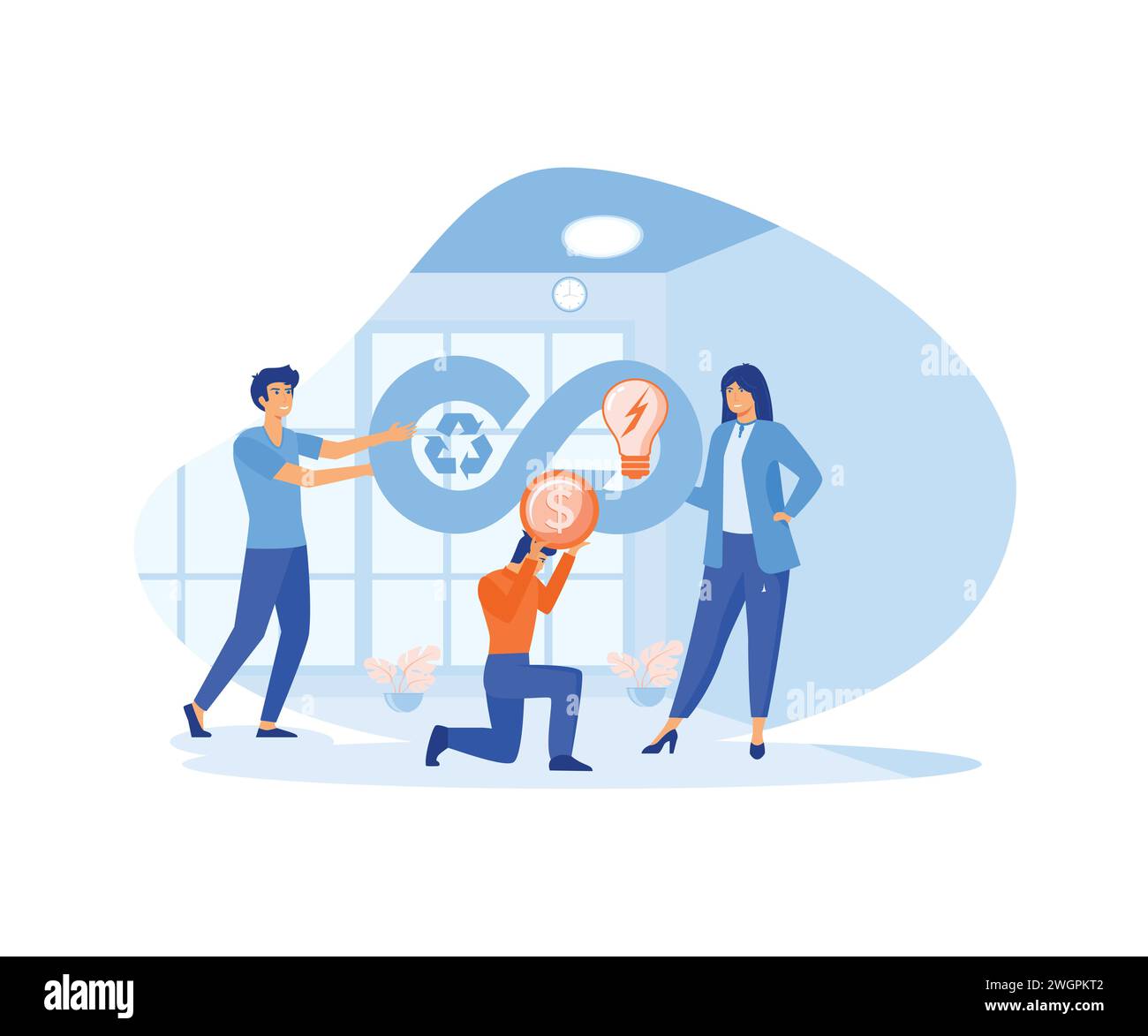 Circular economy concept. Tiny people recycle consumption waste and efficient energy management. flat vector modern illustration Stock Vector