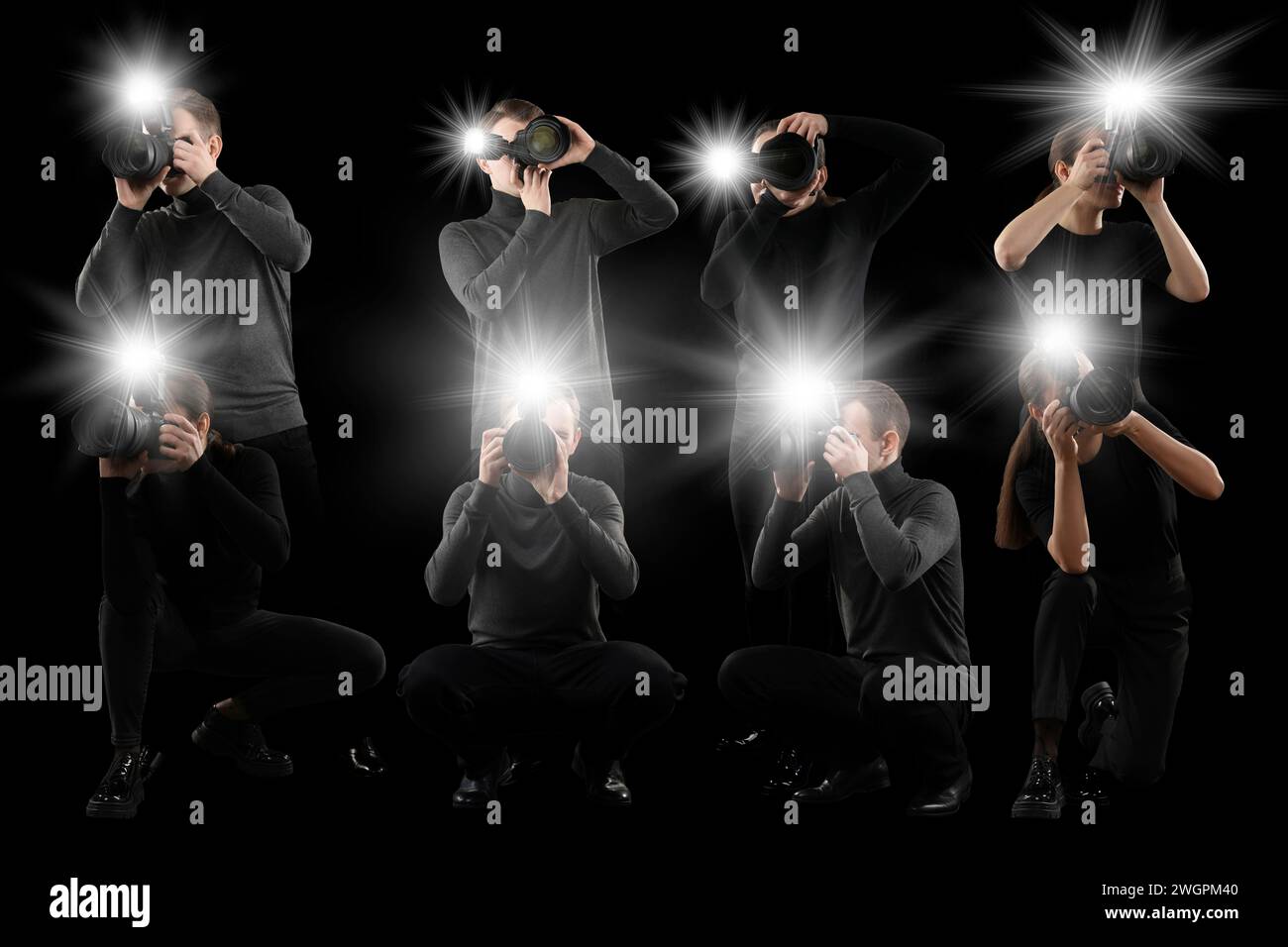 Group of photographers with cameras on black background. Paparazzi ...