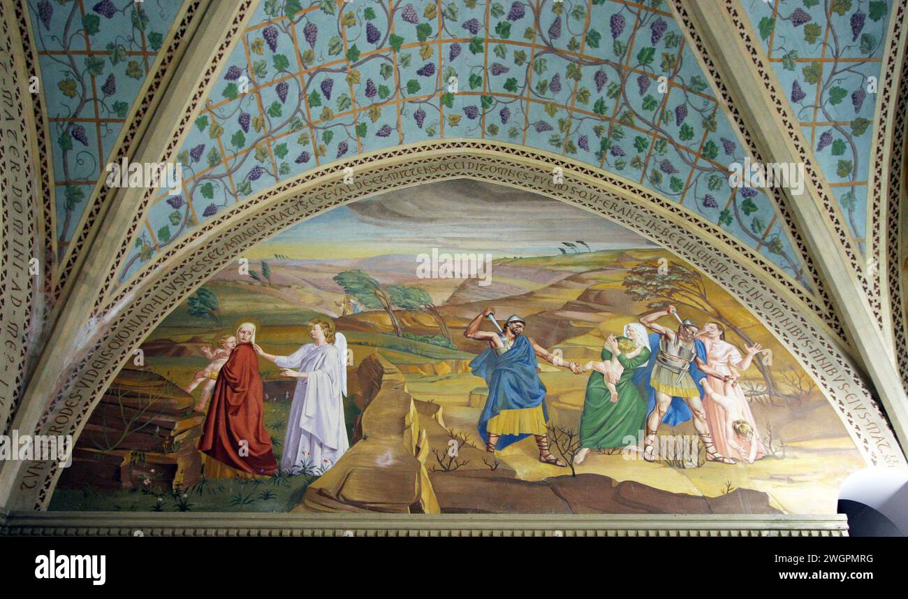 Elizabeth hiding her son during the Massacre of the Innocents, fresco in the Franciscan church of the Visitation in Ein Karem, Jerusalem, Israel Stock Photo