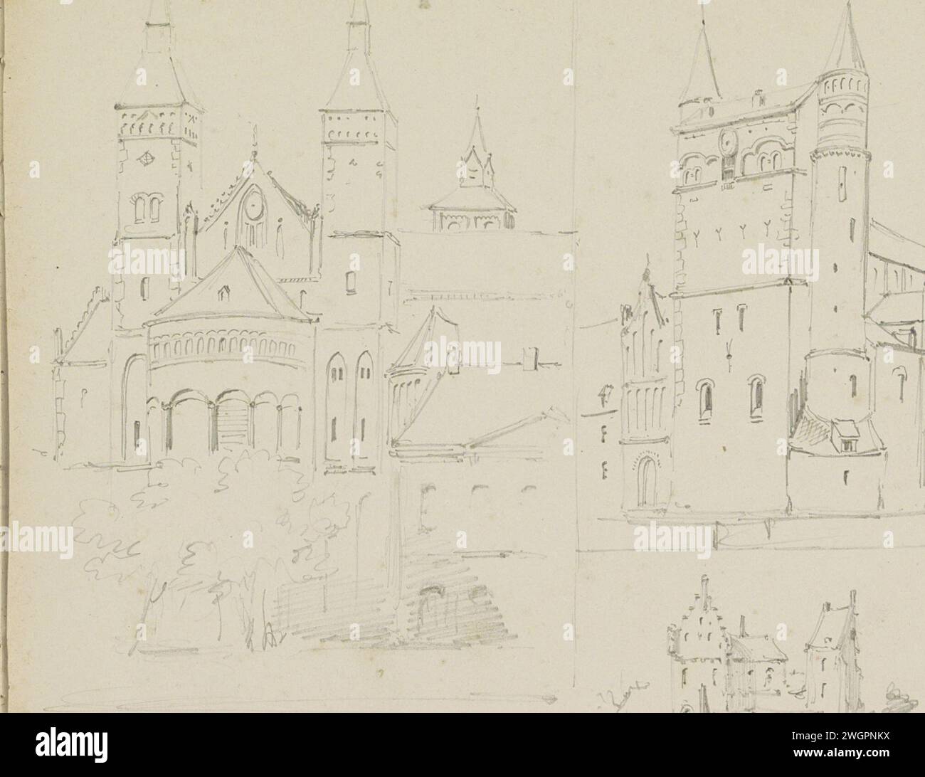 Study magazine with the Sint-Servaas Basilica and the basilica of Onze-Lieve-Vrouw-Tenhemeleting in Maastricht, Adrianus Everssen, c. 1828 - 1897  Furthermore, a gatehouse at the top right. Under a building complex with a wall and a stepped gable on a hill. At the bottom right a building with a tower, possibly on the water. Leaf 19 recto from a sketchbook with 41 sheets. Maastricht paper. pencil  church (exterior). castle. gate, entrance Sint-Servaas Basilica. Our Lady Basilica Stock Photo