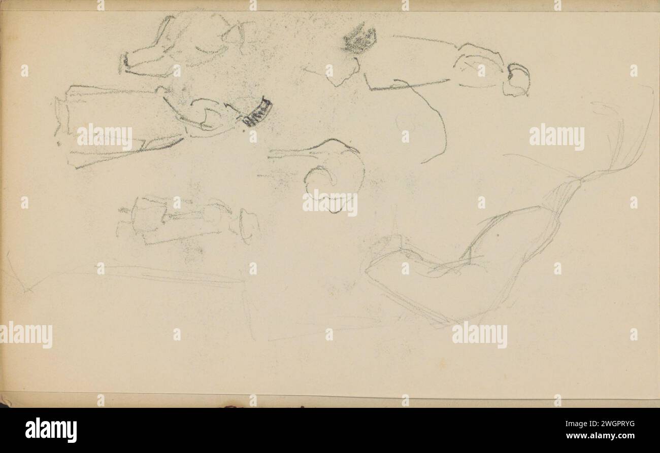 Study magazine with women, a girl, a sitting man and an arm, 1892 - 1913  Page 30 Verso from a sketchbook with 31 sheets.  paper. pencil  adult man. adult woman. girl (child between toddler and youth). sitting figure. arms Stock Photo