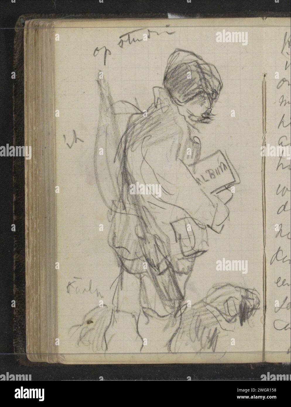 Self -portrait of Louis Apol with ship dog Sailor, c. 1880  With an album under his arm and a weapon on his back. Page 85 Verso from a sketchbook with 110 sheets meant during the expedition to Nova Zembla in 1880. New Zembla chalk. pencil  portrait, self-portrait of artist. dog. painter making preliminary designs, sketching - CC - out of doors Stock Photo