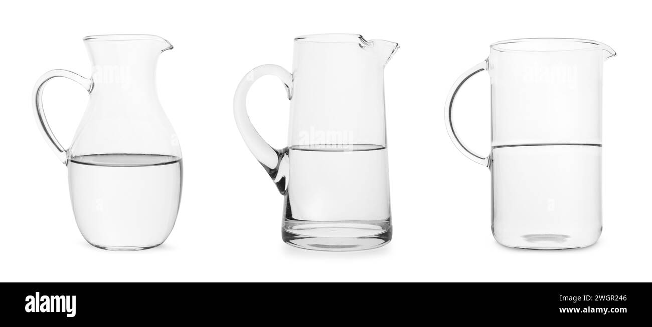 Glass jugs halffilled with water isolated on white, collection Stock