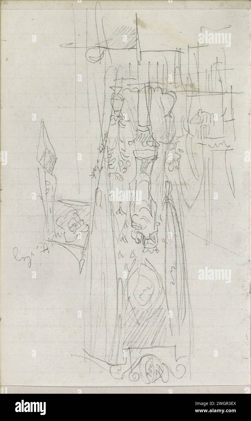 Image of the crowned Virgin Mary with Christ on her arm in Notre -Dame, Paris, 1877 - 1932  Page 65 from a sketchbook with 68 magazines. Paris pencil  Christ-child sitting on Mary's shoulder. interior of church Our Lady Stock Photo