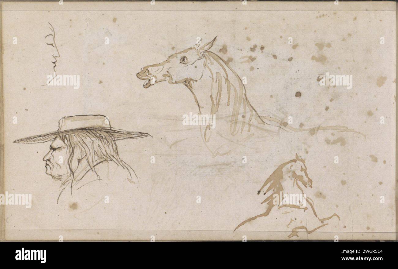 Prancing horse, a horse's head and a men's head, 1864 - 1880  Also the face of a woman and profil. Page 30 Verso from a sketchbook with 98 sheets.  paper. ink pen / brush horse. adult man. head (human) Stock Photo