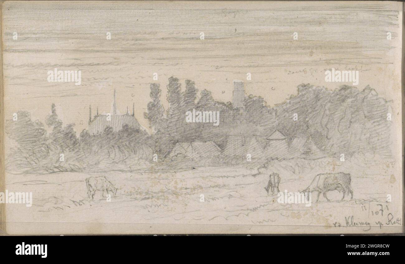 Pasture with grazing cows, seen from the clay road on the Rotte, 1871  Leaf 90 Verso from a sketchbook with 98 sheets. Hillegersberg paper. ink. pencil brush / pen meadow, pasture. cow. city-view, and landscape with man-made constructions Hillegersberg Stock Photo