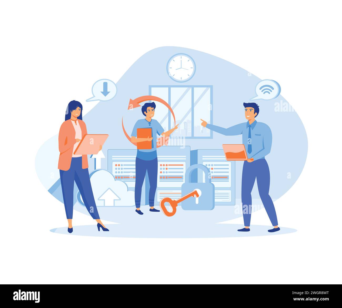 Cloud Computing. Web cloud technology, data storage, hosting, connection. Working process, teamwork communication. lat vector modern illustration Stock Vector